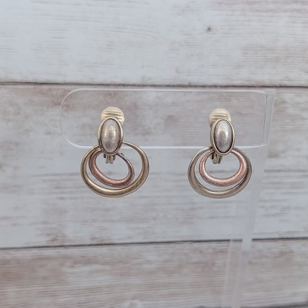 Vintage Clip On Earrings Multi Tone Oval Rings - Condition Issues